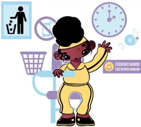 Ilustración de una niña junto a pictogramas de convivencia: tirar basura a su lugar, prohibido escupir, reloj y señal "escucho cuando los demás hablan".