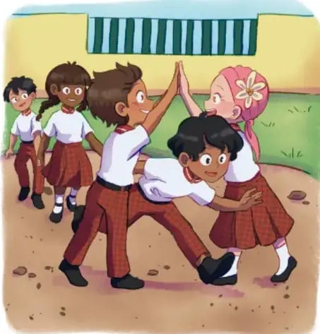 Ilustración de niños y niñas de primaria jugando en el patio de la escuela, se dan la mano y sonríen, representando un juego cooperativo.