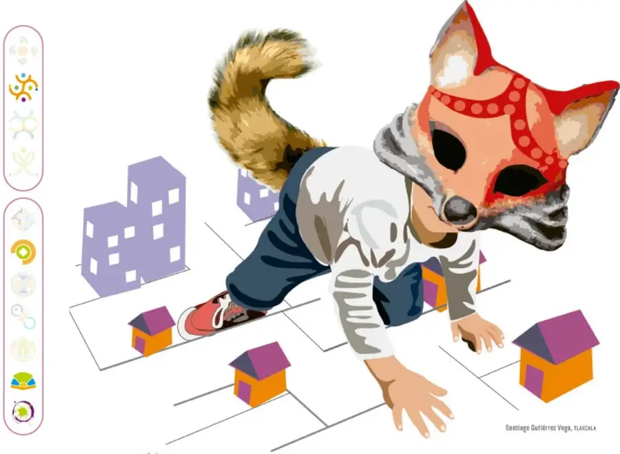 Ilustración de un niño con máscara de zorro que gatea sobre un plano con casas y edificios morados, representando el desplazamiento de un animal en un entorno urbano.