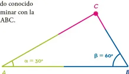 Triángulo $ABC$ con el lado $\overline{AB}$ horizontal, ángulo $\alpha = 30^\circ$ en el vértice $A$ y ángulo $\beta = 60^\circ$ en el vértice $B$.