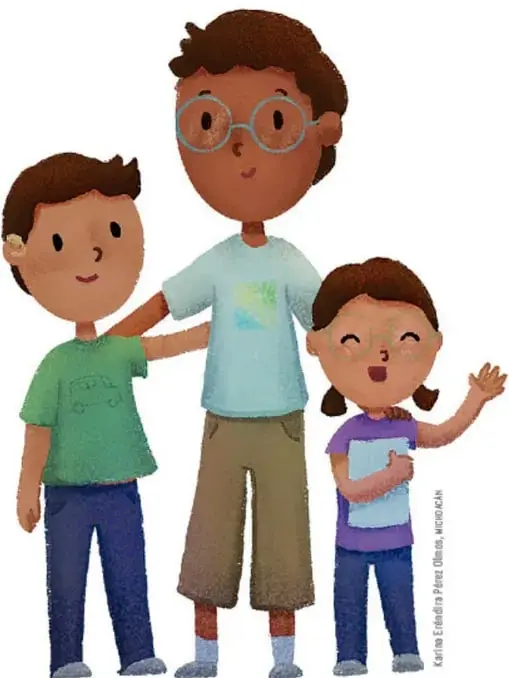Ilustración de tres estudiantes de distintos grados (niño con lentes, niño con playera verde y niña con playera morada) que representan una comunidad de aprendizaje.
