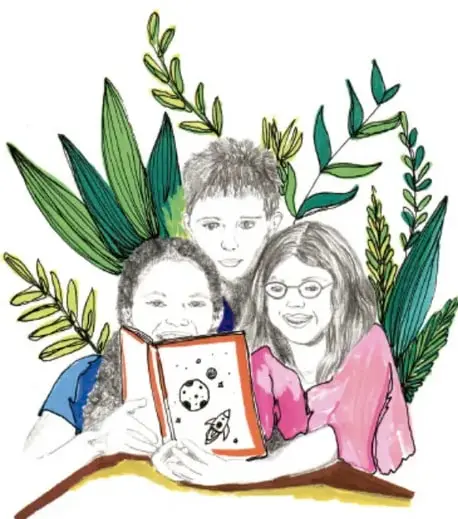 Tres niñas y niños leyendo juntos un libro rodeados de hojas y plantas; firma de la ilustradora Liliana Edith Hernández Ramales, Ciudad de México.