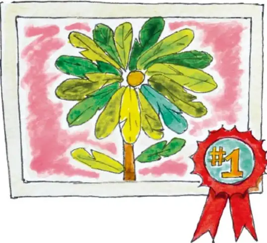 Cuadro enmarcado con un dibujo de una flor de pétalos verdes y amarillos sobre fondo rosa, acompañado de un listón rojo con el número 1 y una hoja verde.