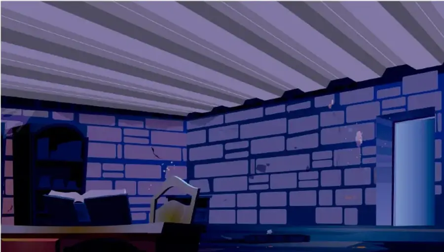 Interior de una casa de ladrillo con techo de láminas, oscuro, con una mesa, libros y silla, iluminado débilmente.