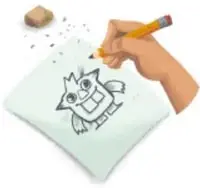Mano dibujando un monstruo en una hoja con lápiz y goma.