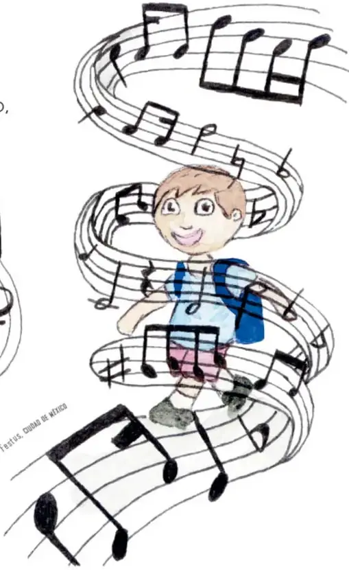 Niño con mochila caminando dentro de una espiral de pentagramas con notas musicales.