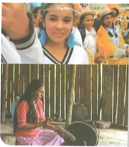 Collage de imágenes relacionadas con la diversidad cultural: una presentación infantil y una niña realizando una actividad artesanal.