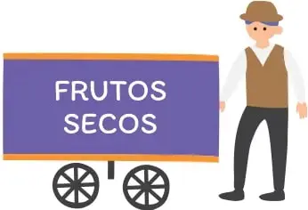Carro morado con el cartel 'FRUTOS SECOS' atendido por don Pepe, el vendedor.