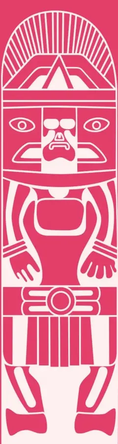 Ilustración estilizada en color rosa y blanco que representa una figura prehispánica o mesoamericana, con tocado radiado, rostro con ojos y nariz marcados, brazos extendidos y un faldón con grecas. Acompaña visualmente el tema histórico.