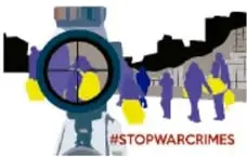 Ilustración de un telescopio de mira con personas migrantes de colores y edificios en negro, con la leyenda «#STOPWARCRIMES».