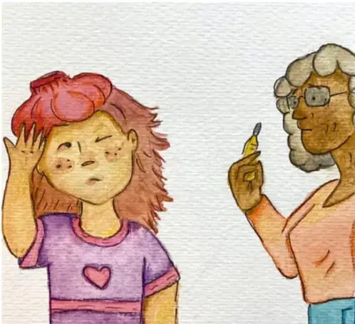 Ilustración de la abuela de Mayra, una señora de cabello canoso y lentes, sosteniendo un termómetro y mirando con preocupación a su nieta.