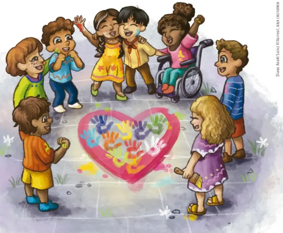 Ilustración de un grupo de niñas y niños diversos (una niña en silla de ruedas entre ellos) sonriendo alrededor de un corazón rosa pintado con manitas de colores en el suelo; crédito vertical: Diana Anahí Sainz Villarreal, BAJA CALIFORNIA.
