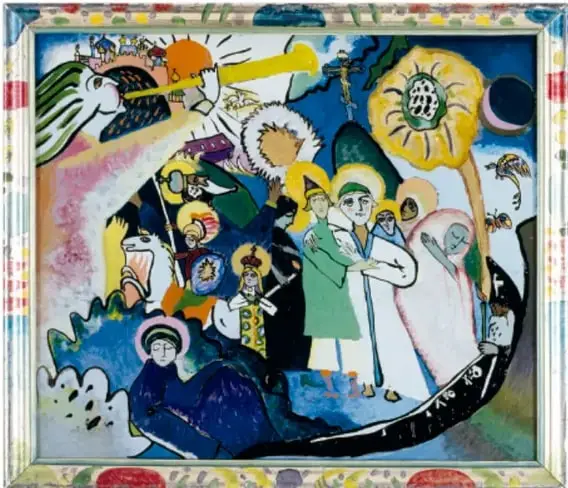 Pintura 'Día de Todos los Santos' (1911) de Wassily Kandinsky: composición colorida con un ángel con trompeta, figuras con aureolas y un barco entre ondas, con marco decorado.