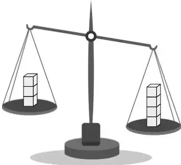 Balanza inclinada hacia la izquierda con 4 cubos a la izquierda y 3 cubos a la derecha.