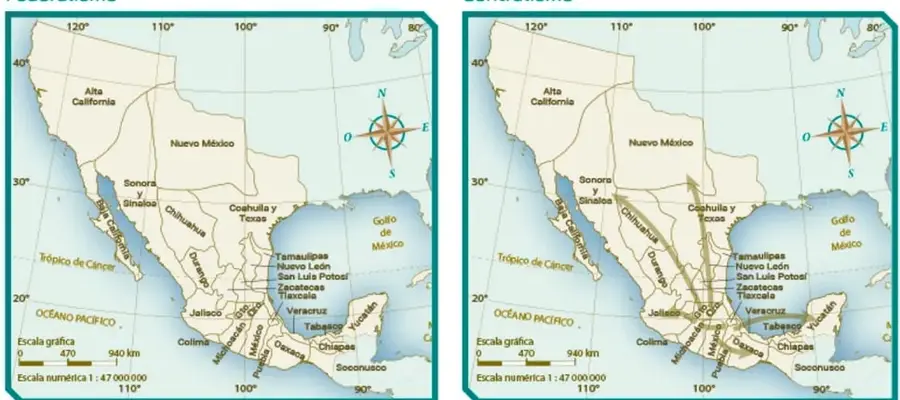 Mapa de México con la división territorial federalista, con escala gráfica de 0 a 940 km y escala numérica 1:47,000,000.