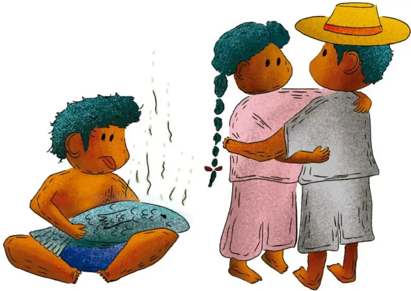 Ilustración de un niño sentado sosteniendo un pez y una pareja de niños abrazados; al fondo líneas que sugieren agua o viento.