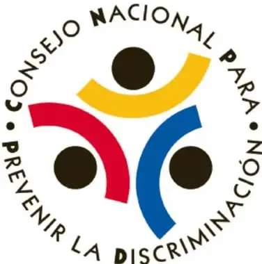 Logotipo circular del Consejo Nacional para Prevenir la Discriminación, con tres figuras humanas estilizadas en rojo, amarillo y azul sobre un círculo con el texto 'CONSEJO NACIONAL PARA PREVENIR LA DISCRIMINACIÓN'.