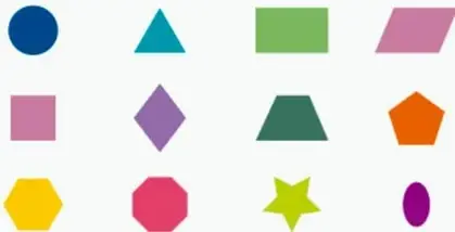 Doce figuras geométricas planas de colores en dos renglones: círculo azul, triángulo turquesa, rectángulo verde, romboide rosa, cuadrado rosa, rombo morado, trapecio verde oscuro, pentágono naranja, hexágono amarillo, octógono rojo, estrella de seis puntas amarilla y elipse violeta.