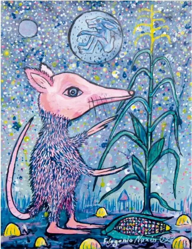 Pintura 'Ngu churá nijmie / Un Nahual de maíz': un animal rosado con hocico largo y orejas grandes junto a una planta de maíz verde, fondo azul con puntos, luna con figura y mazorca de colores.