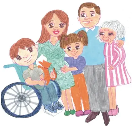 Ilustración de una familia diversa: una madre con dos niñas, un padre, una abuela, un niño en silla de ruedas con un perro rojo. Ilustración de Nohemí Santibañez López, Ciudad de México.