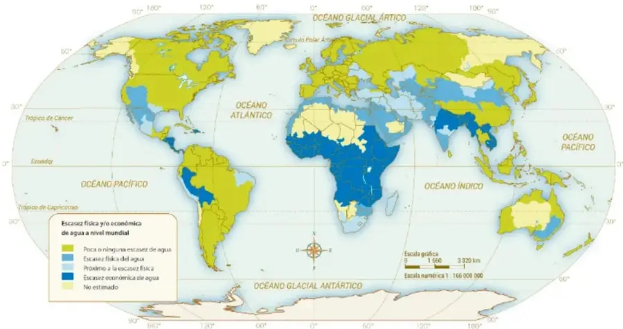 Mapa mundial proyección pseudocilíndrica titulado 'Escasez física y/o económica de agua a nivel mundial' con leyenda de colores, escala gráfica 1:166 000 000, océanos rotulados (Ártico, Atlántico, Pacífico, Índico, Antártico), trópicos y ecuador.