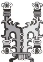 Ilustración de un glifo prehispánico en blanco y negro.