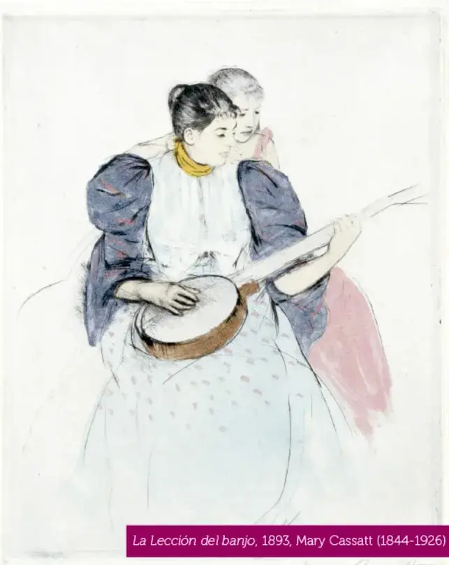 "La Lección del banjo", 1893, de Mary Cassatt: dibujo donde una madre vestida de azul y blanco sostiene un banjo y una niña, detrás de ella, la abraza y sigue la lección de música; estilo suave de trazos pastel.