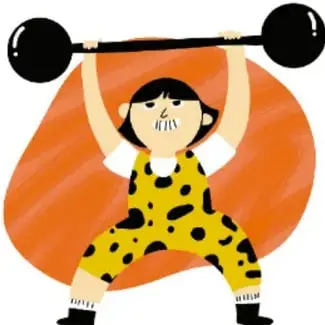 Ilustración de una niña levantando una barra con pesas, sobre un fondo naranja, representa que las niñas también pueden practicar deportes de fuerza.