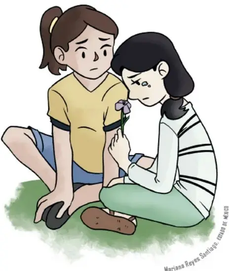 Ilustración de dos niñas sentadas en el pasto: una con playera amarilla y cabello castaño recogido, otra con cabello negro y suéter de rayas, sosteniendo una flor morada. Al pie, crédito: 'Mariana Reyes Santibáñez, técnica en diseño'.