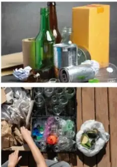 Fotografía de botellas de vidrio y envases de distintos materiales, ilustrando residuos reciclables.