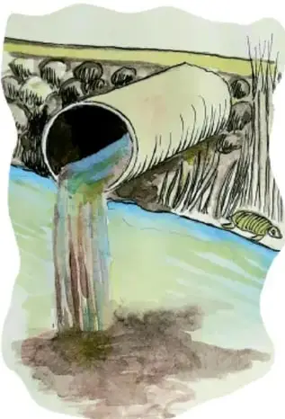 Ilustración de una tubería que descarga aguas negras de color café en un río, con un pez afectado; firma de Miguel Ángel Luna Vargas, Morelos.