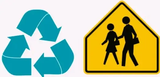 Símbolo de reciclaje (tres flechas azules en triángulo) y señal amarilla de paso peatonal con dos figuras caminando, ejemplos de ideogramas.