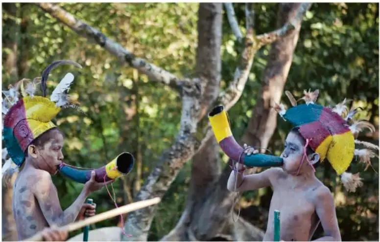 Fotografía de dos niños con tocados de plumas de colores pintados, tocando instrumentos de viento en un entorno boscoso, durante el Festival de Danza de los Mecos, Hidalgo; fotografía de Francisco Palma Lagunas.
