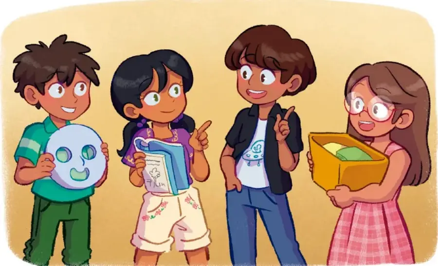 Ilustración de cuatro niños sonrientes preparando la Feria de los sentimientos: uno sostiene una máscara de carnaval, una niña carga libros y cuadernos, un niño levanta el dedo con una idea y otra niña con lentes lleva una caja con materiales. Crédito: Karla Enríquez / Raúl Medina / ArchiPUS.