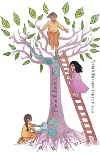 Ilustración de un árbol de problemas con escalera: una persona dibuja hojas en lo alto, otra sube por la escalera y una tercera persona trabaja al pie del tronco; el tronco tiene la palabra 'Problema' escrita verticalmente. Crédito: Tatiana Villalobos López, RIBERA.