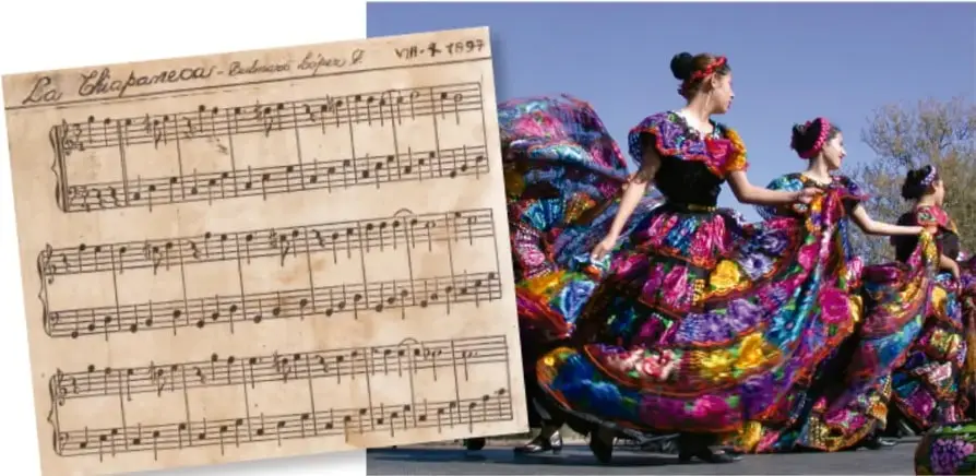 Partitura antigua titulada 'La Chiapaneca' junto a una fotografía de tres bailarinas con vestidos multicolores ejecutando una danza tradicional.