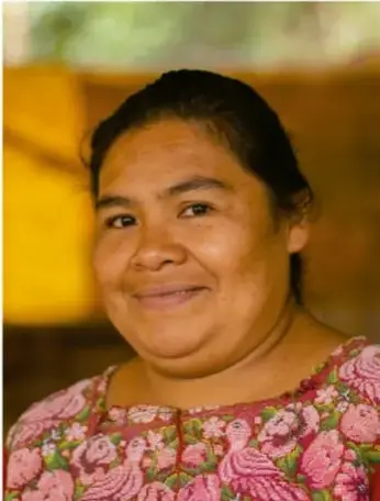 Fotografía de una mujer indígena sonriente con huipil bordado de flores rosas y colores, sobre un fondo cálido amarillo y verde, representando la diversidad cultural de México.