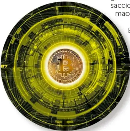 Moneda digital dorada con el símbolo de Bitcoin rodeada de anillos concéntricos verdes con códigos binarios, representando las criptomonedas.