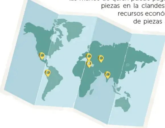 Mapamundi estilizado en tonos azules con chinchetas amarillas marcando puntos en América, Europa, África y Asia, que representan zonas de saqueo o circulación de piezas.