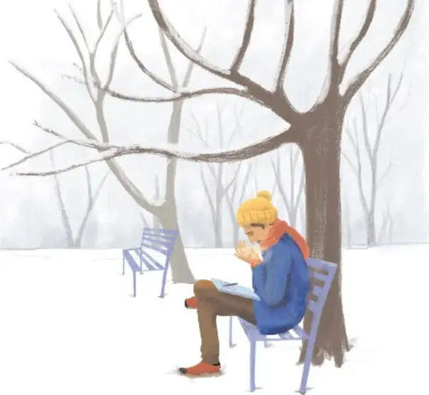 Ilustración de una persona sentada en una banca de parque nevado, escribiendo en un cuaderno, con árboles sin hojas y un ambiente invernal.