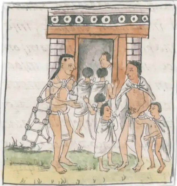 Página de códice pintada a mano: anciano con manta y atado de bastones habla con varios adultos y niños vestidos de blanco frente a una puerta con dintel decorado; hay glifos y anotaciones antiguas alrededor.