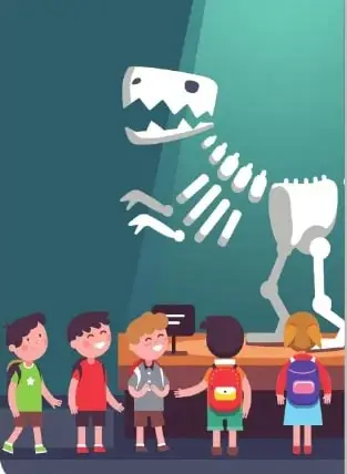 Ilustración de varios estudiantes observando el esqueleto de un dinosaurio en un museo.