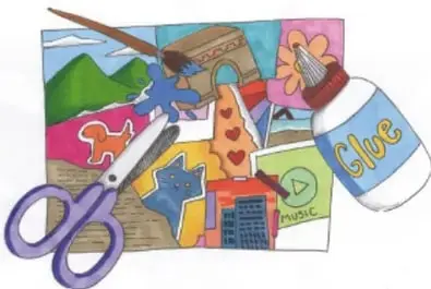 Ilustración de un collage con recortes, tijeras y un frasco de cola; crédito: Glenn Ávila Mancera, MORELOS.