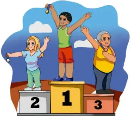 Tres niños en un podio deportivo (1°, 2°, 3° lugar) celebrando con los brazos levantados.
