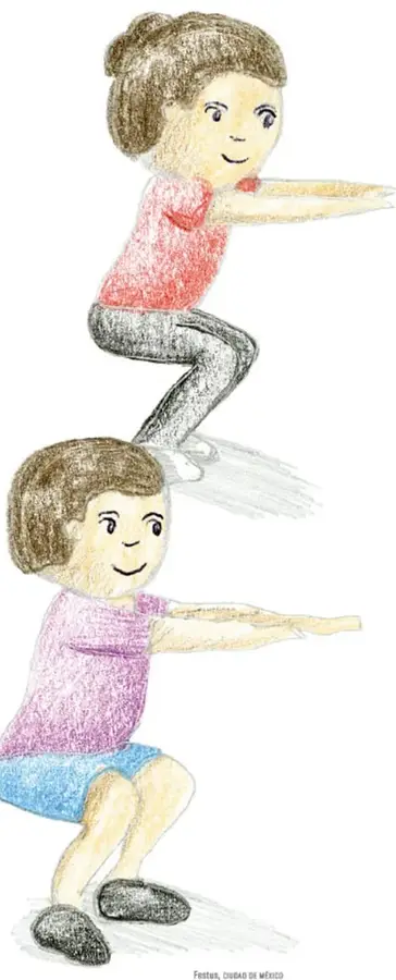 Niña con playera roja y pants gris realiza una sentadilla con los brazos extendidos al frente.