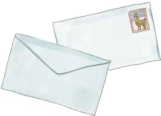 Ilustración de dos sobres de carta: uno abierto mostrando su interior y otro cerrado con una estampilla que tiene la imagen de una llama.