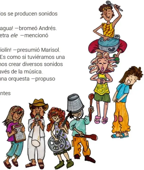 Ilustración de varios estudiantes tocando instrumentos improvisados: una niña con cucharas y olla, un niño con un embudo a modo de trompeta, una niña con un instrumento de cuerda hecho a mano y otro niño con un cubo en la cabeza.
