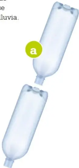 Ilustración de una botella de plástico cortada y ensamblada con otra, mostrando la unión de boquilla y fondo.