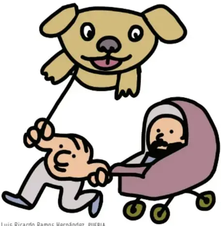 Ilustración de un niño corriendo que arrastra a un bebé en carriola mientras un perrito vuela como globo atado con cuerda a su mano. Crédito: Luis Ricardo Ramos Hernández, Puebla.