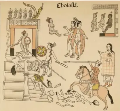 Ilustración estilo códice que muestra un combate entre españoles a caballo y guerreros mesoamericanos, con edificios templarios y personajes nobles observando. Corresponde a la matanza de Cholula.